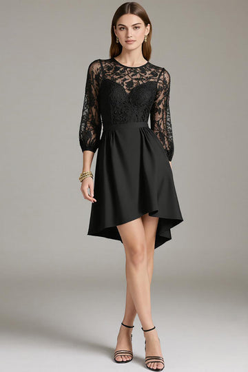Black Lace A Line Round Neck Short Cocktail Dress with Sleeves